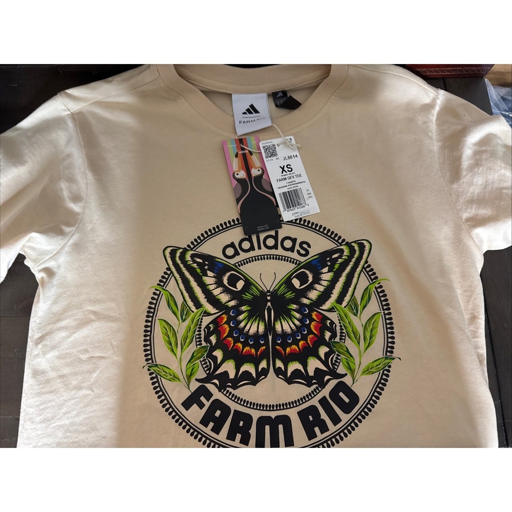 Adidas Women's Farm Hoodie JL8614 Size XS T Shirt Beige Butterfly - Picture 2 of 8